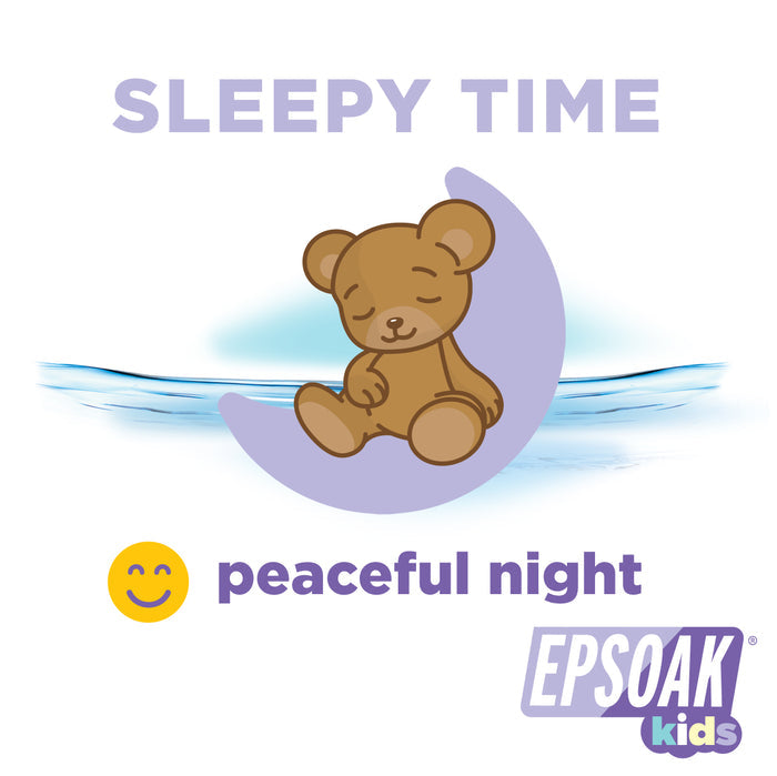 Adorable brown teddy bear sleeping on a crescent moon with "SLEEPY TIME" and "peaceful night 😊." Features San Francisco Salt Co Kids Epsom Salts - Soak & Sleep Bath Salts, ideal for bedtime bath routines.