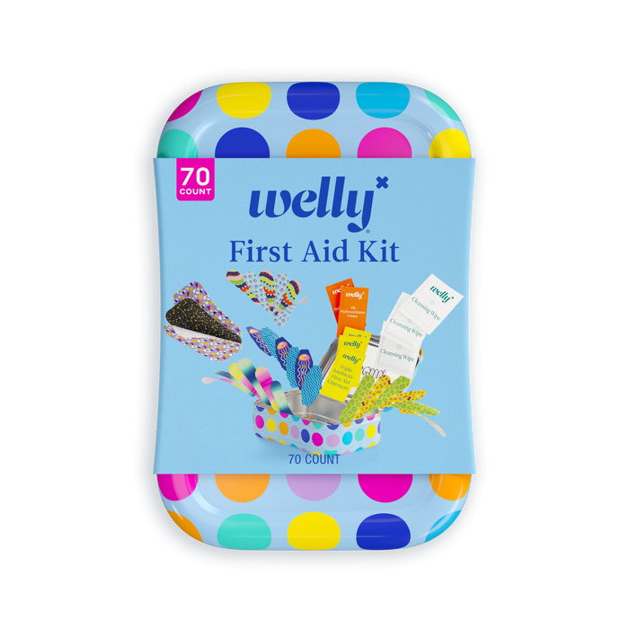 The Welly Kids First Aid Kit is a portable, colorful tin adorned with vibrant polka dots. It includes 70 essential items, featuring images of flexible fabric bandages and ointment tubes for minor injuries on the front, making it friendly for kids.
