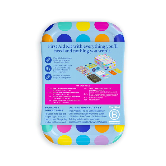 Wellys Kids First Aid Kit comes in a bright, polka-dotted rectangular tin with easy-to-read text. Included are flexible fabric bandages, ointment, and wipes. Instructions and contents are listed on the back, along with the Certified B Corporation logo. Ideal for a kid-friendly kit!.
