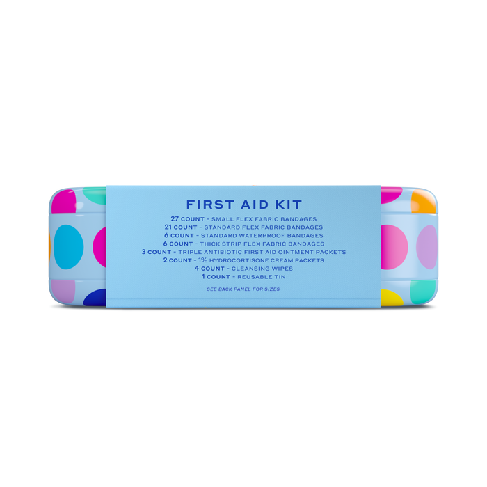 Wellys Kids First Aid Kit is a portable, modern tin with polka dots in pink, blue, and green. It features a convenient blue lid and includes flexible fabric bandages, antiseptic wipes, and ointments.
