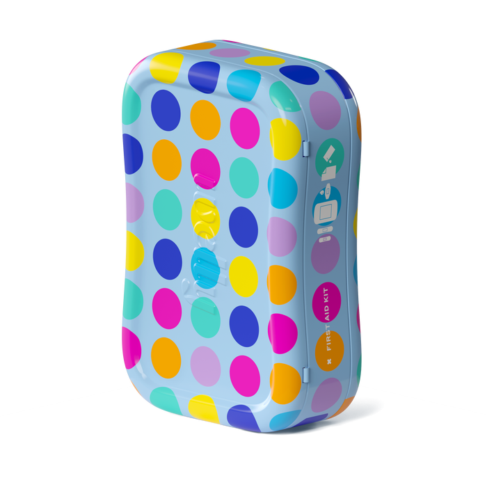The Welly Kids First Aid Kit features a blue base with bright, multicolored polka dots. Its portable design includes a side latch and small icons of bandages and medical supplies, with flexible fabric bandages for comfort on the go.