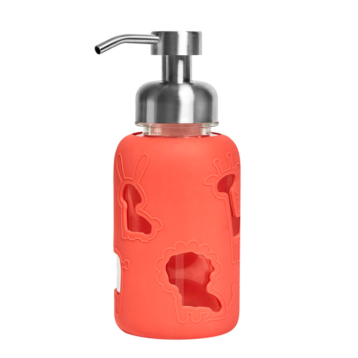 The Grove Co. Kids Foaming Hand Soap Glass Dispenser blends fun and eco-friendliness with a reusable glass body, a stainless steel pump, and a red silicone sleeve featuring butterfly, giraffe, and lion cut-outs to cut down on plastic waste.