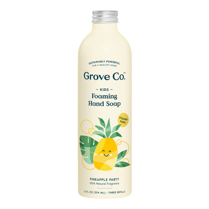 The Grove Co. Kids Foaming Hand Soap Refill in Pineapple Party features a cartoon pineapple and leaves, boasts Foamy Fun, uses plant-based ingredients, offers natural fragrance, comes in a 12 fl oz (354 mL) bottle with three refills, all in plastic-free packaging.