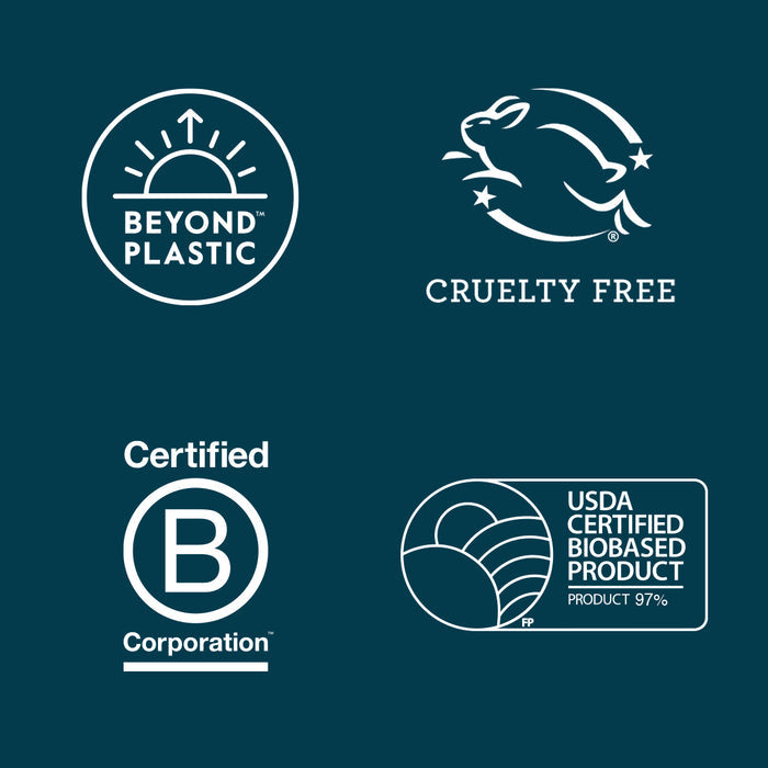 The Grove Co. Kids Foaming Hand Soap Refill offers peace of mind with its plant-based ingredients and four certifications: Beyond Plastic (sunrise icon), Cruelty Free (leaping rabbit), Certified B Corporation (circle), and USDA Certified Biobased Product, stating its 97% biobased.