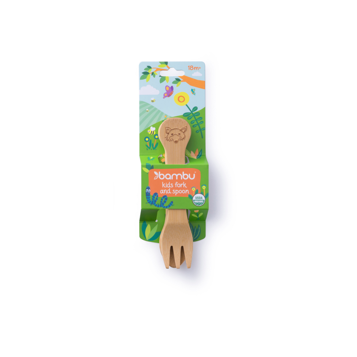 The Kids Fork & Spoon (18M+) from Bambu features a smooth, natural bamboo finish. Packaged in a vibrant wrapper with playful plant and sun designs, this reusable utensil set is ideal for children 18 months and older.