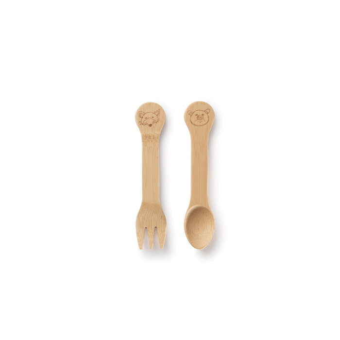 The Kids Fork & Spoon (18M+) set by Bambu is a reusable utensil set for babies, featuring adorable engraved bear faces on each handle against a white background.