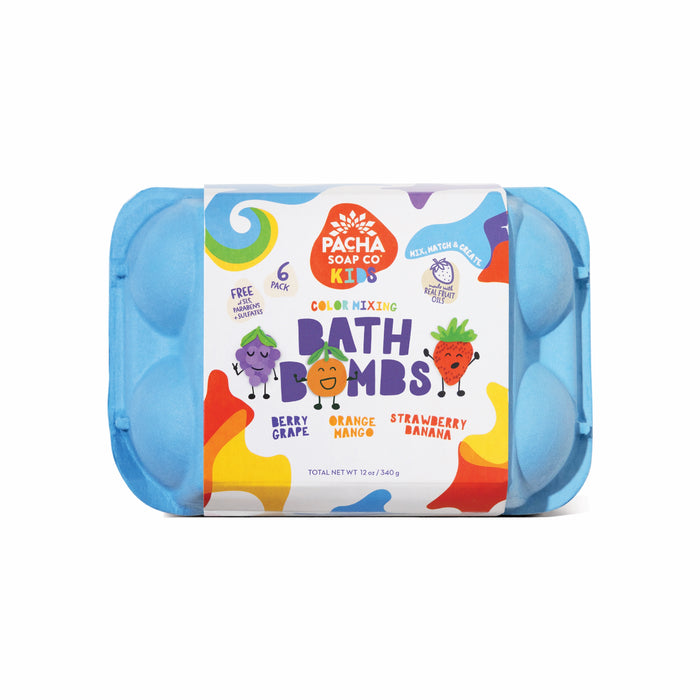 A blue carton labeled Pacha Soap Co. Kids Froth Bomb Set with cartoon fruit characters contains six kid-safe, non-toxic bath bombs in berry grape, orange mango, and strawberry banana scents.