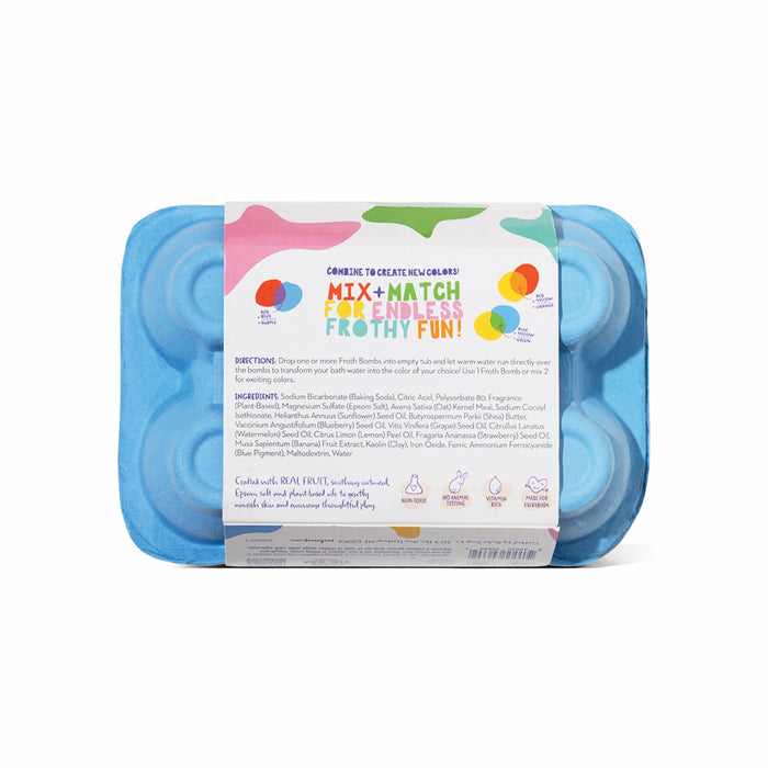 A blue egg carton-style Kids Froth Bomb Set by Pacha Soap Co. features playful graphics, a label saying “Mix + Match for Endless Frothy Fun!”, kid-safe non-toxic ingredients, and easy color mixing directions on the package.