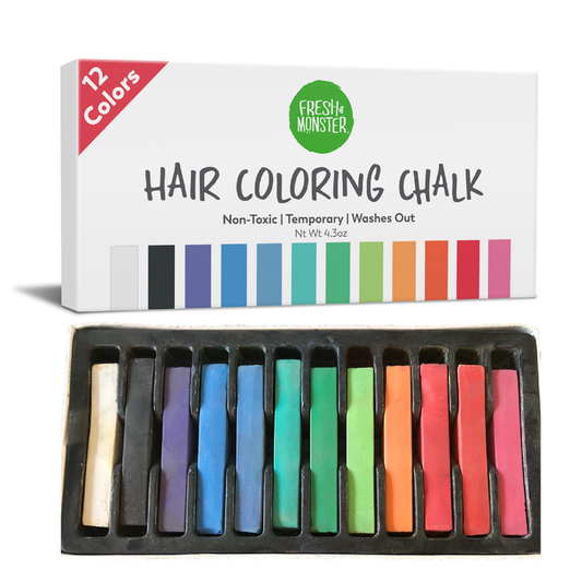The Kids Hair Chalk-Temporary by Fresh Monster includes 12 vibrant, hypoallergenic sticks. The non-toxic, washable formula offers a rainbow of colors perfect for kids’ temporary hair coloring.