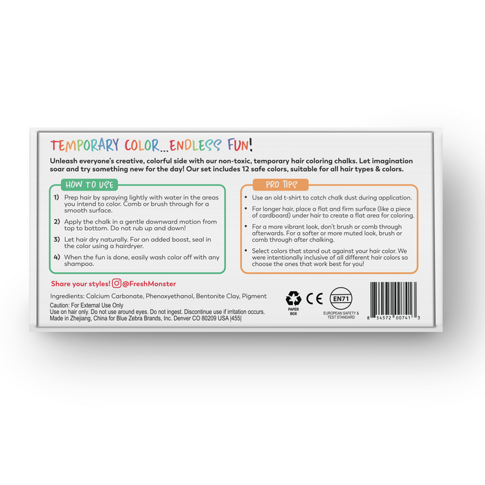 The Kids Hair Chalk-Temporary packaging by Fresh Monster showcases playful fonts and a colorful design. It includes instructions, pro tips, and safety certifications for hypoallergenic chalk. Suitable for all hair types and colors, its perfect for temporary hair color fun!.