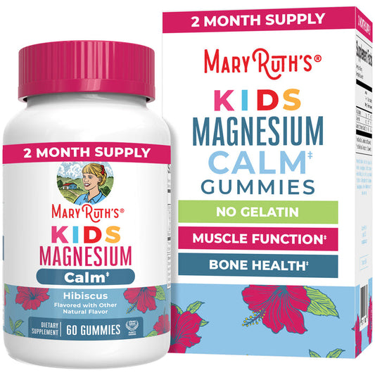 A bottle and box of MaryRuth’s Kids Magnesium Calm Gummies, hibiscus flavor, with labels featuring “2 Month Supply,” “No Gelatin,” “Muscle Function,” “Bone Health,” calm support, and bright floral designs.