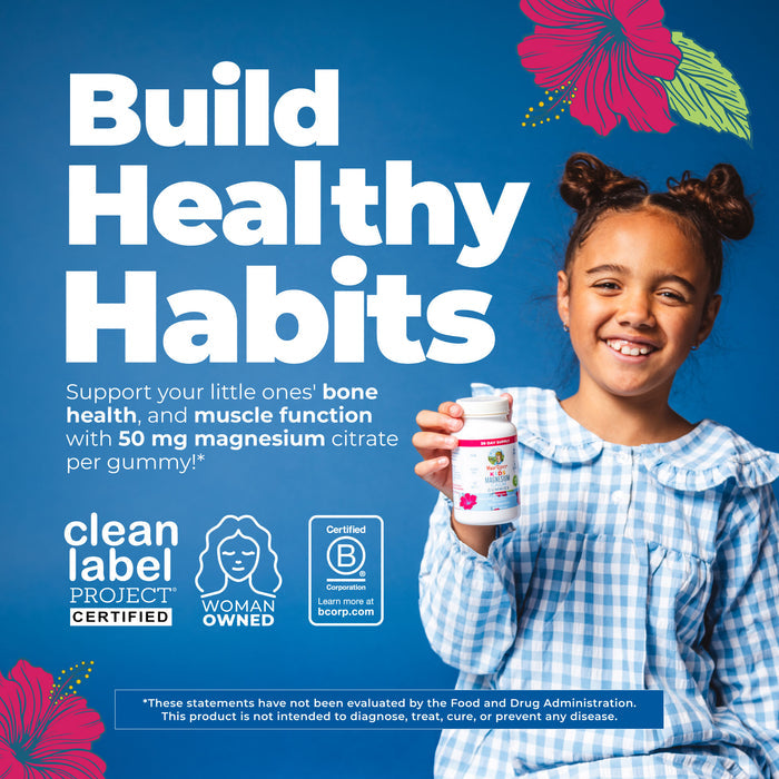 A smiling young girl with pigtails holds a bottle of MaryRuth’s Kids Magnesium Calm Gummies. Text encourages building healthy habits for kids with 50 mg magnesium citrate in each gummy, supporting bone health and calm support. Certifications and a health disclaimer are displayed on the blue background.