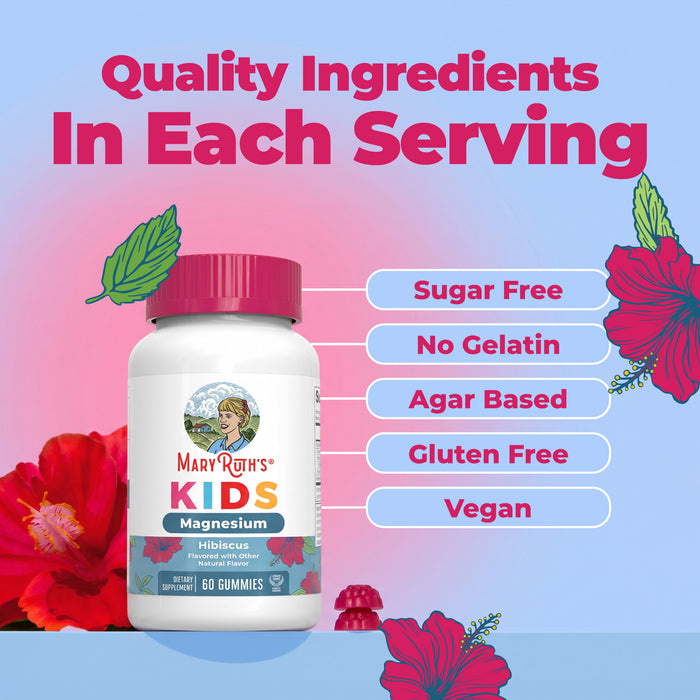 A bottle of MaryRuth's Kids Magnesium Calm Gummies is displayed with text emphasizing bone health support, sugar free, no gelatin, agar based, gluten free, and vegan. Hibiscus flowers are featured in the background.