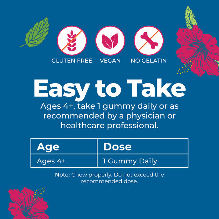 Sure! Here’s a rewritten version of the sentence using your product data: Label for MaryRuth's Kids Magnesium Calm Gummies includes icons for gluten free, vegan, and no gelatin. Text: Easy to Take. Ages 4+, take 1 Kids Magnesium Calm Gummy daily or as recommended for calm support and bone health. Table: Ages 4+, 1 gummy daily. Red flowers and leaves decorate the corners.