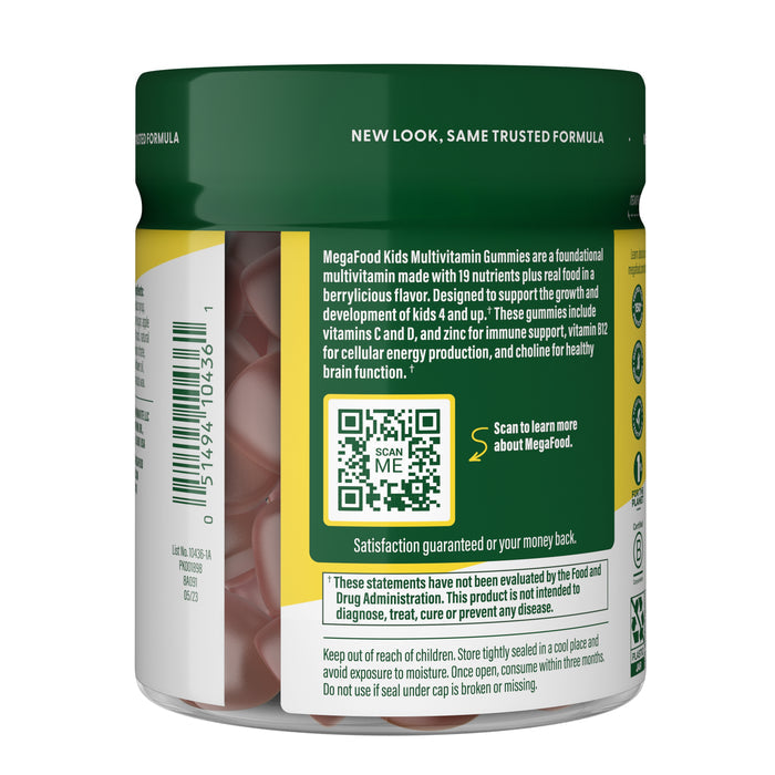 A jar of MegaFood Kids Multi Gummies features a green and yellow label, QR code, product and nutrition details, and partially visible gummies. These berrylicious multivitamins for kids offer a money-back guarantee.