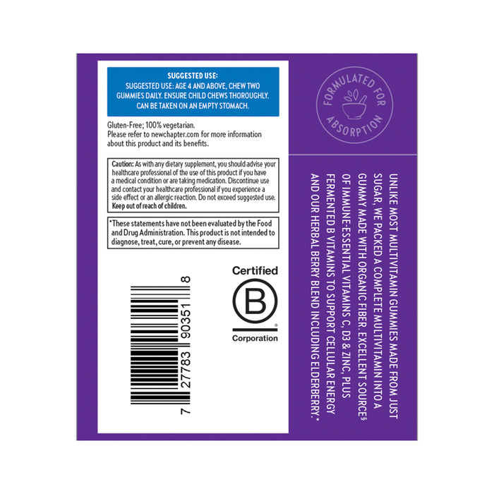 The image shows the back label of New Chapters Kids Multivitamin Gummies, featuring organic ingredients, immune support, and dosage instructions. The product is gluten-free and vegan with an absorption formulation and B Corporation certification.