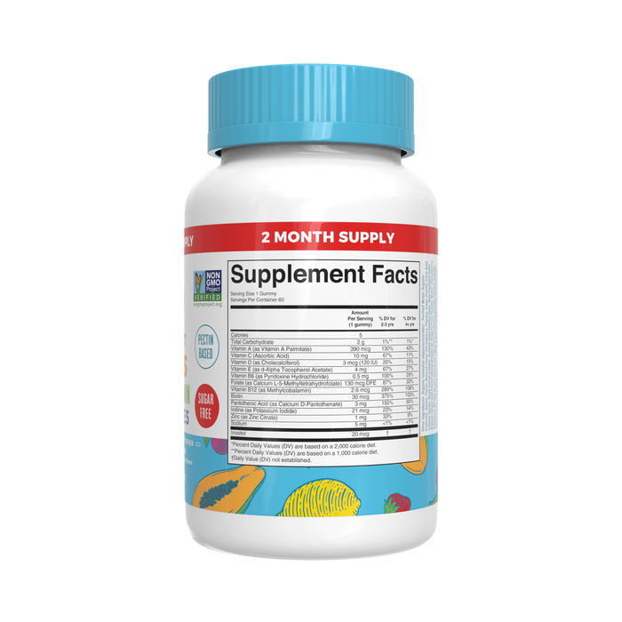 MaryRuths Kids Multivitamin Gummies come in a white bottle with a blue cap, labeled “Supplement Facts.” Colorful fruit images and text highlight “Sugar-Free Gummies,” “2 Month Supply,” and “Non-GMO”—supporting your child’s daily health.