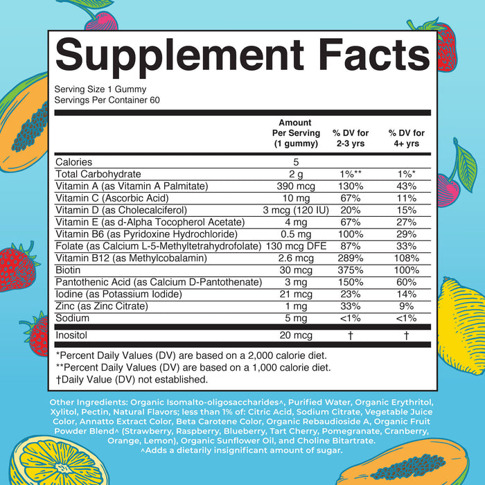 MaryRuth’s Kids Multivitamin Gummies Sugar-Free Supplement Facts label lists daily values for vitamins A, C, D, E, B6, biotin, zinc & more—supporting kids’ health. Features playful fruit illustrations.