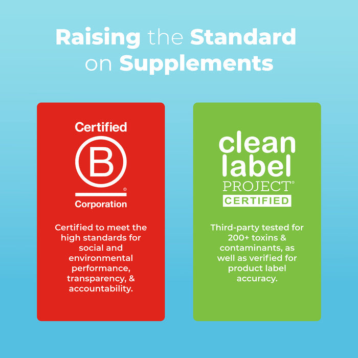 Infographic with a red box showing “Certified B Corporation” and a green box showing “clean label PROJECT CERTIFIED,” highlighting MaryRuths Kids Multivitamin Gummies’ high standards, third-party testing, and sugar-free essential vitamins & nutrients.