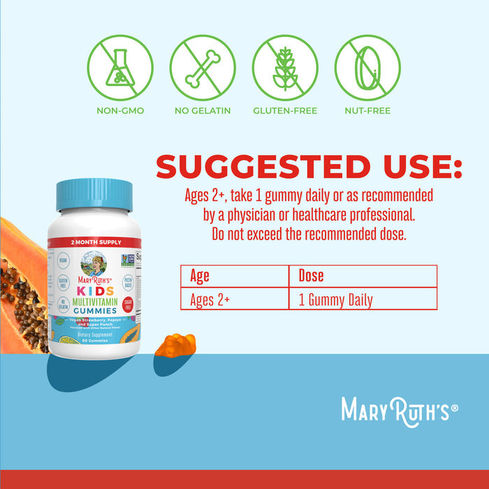 Image shows a bottle of MaryRuths Kids Multivitamin Gummies next to fruit. Icons highlight its non-GMO, gelatin-free, gluten-free, and nut-free. For ages 2+, take 1 gummy daily. The MaryRuths logo appears at the bottom.