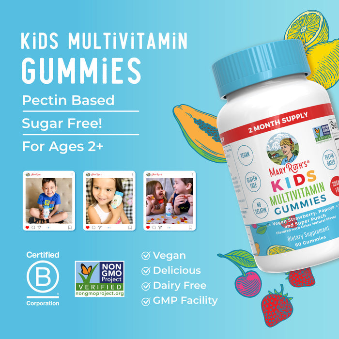A bottle of MaryRuth’s Kids Multivitamin Gummies—pectin-based, sugar-free, vegan, and dairy free—sits among fruit illustrations. Three children’s photos are shown below.