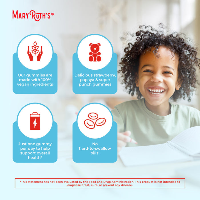 A smiling child sits at a table. Text highlights MaryRuth’s Kids Multivitamin Gummies: 100% vegan, strawberry-papaya flavor, just one gummy daily for childrens health—no pills needed. FDA disclaimer appears at the bottom.
