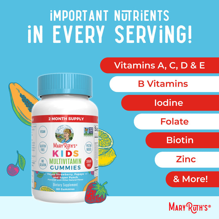 A bottle of MaryRuths Kids Multivitamin Gummies is shown with fruit images. Text highlights immune-supporting vitamins & nutrients—A, C, D, E, B Vitamins, Iodine, Folate, Biotin & Zinc—in each sugar-free gummy for daily child health.