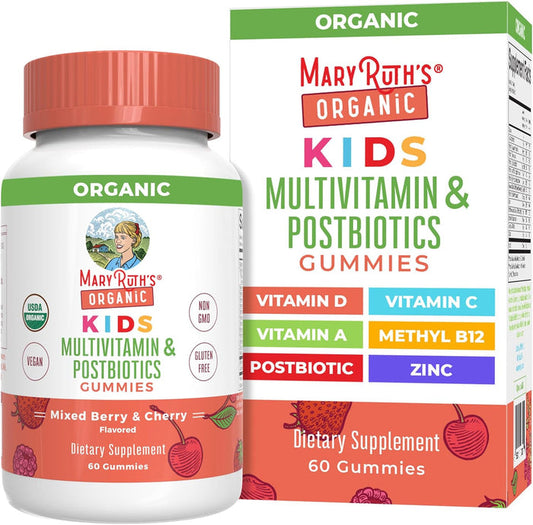 Discover MaryRuths Kids Multivitamin & Postbiotics Gummies, a mixed berry and cherry flavored treat supporting kids health with vitamin D, C, A, methyl B12, postbiotic, and zinc. Non-GMO, vegan, gluten-free—60 gummies per pack!.