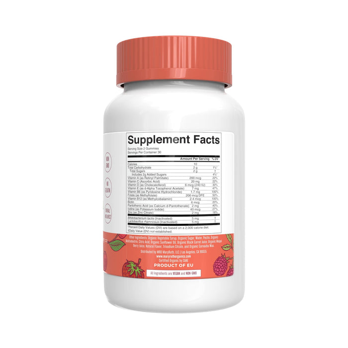 The MaryRuths Kids Multivitamin & Postbiotics Gummies come in a white bottle with an orange cap, featuring a Supplement Facts label and nutritional chart. The bottom displays fruit illustrations and notes it as an EU product, emphasizing vital nutrients for childrens health.