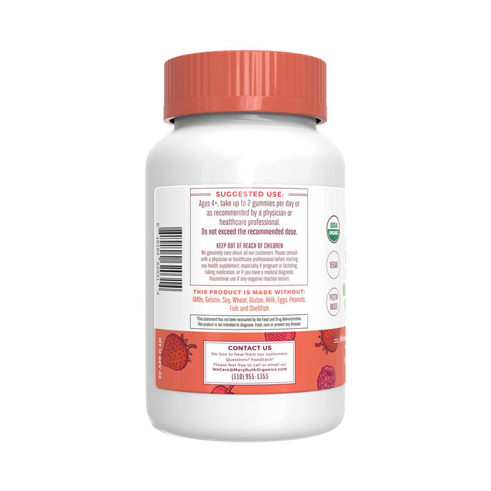 MaryRuths Kids Multivitamin & Postbiotics Gummies come in a white bottle featuring a label with directions and ingredients, decorated with red fruit illustrations. Certified vegan and organic for childrens health, it prominently displays contact info and a phone number.