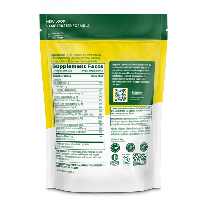 Back of a MegaFood Kids One Daily Multivitamin Soft Chews bag showing Supplement Facts, suggested use, ingredients, nutritional details, QR code, certifications, and recycling symbols on a white and green background.