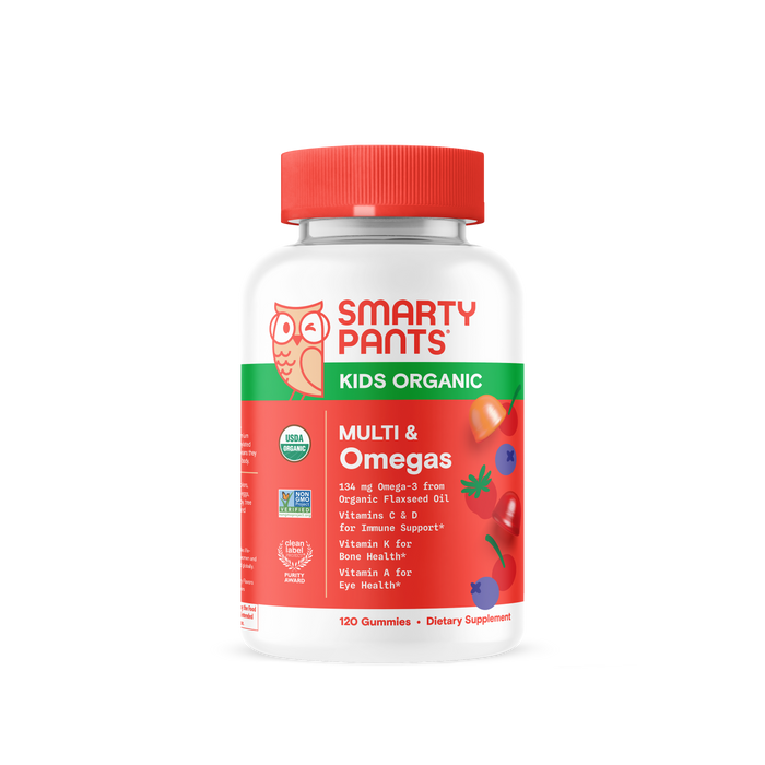 A bottle of SmartyPants Kids Organic Multi & Omega Gummies, with a red cap and label displaying tomatoes, carrots, and berries. These organic kids multivitamins are certified organic, provide essential nutrients, and deliver gluten-free vegetarian omega-3 gummies for children.