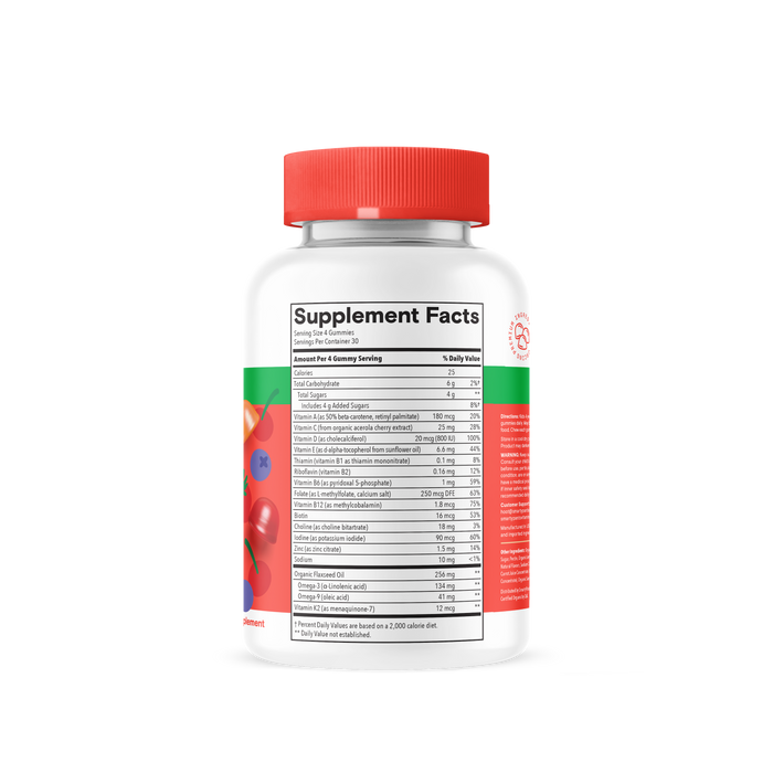 A white supplement bottle with a red cap displays a Supplement Facts label and colorful fruit images on the side, set against a plain white background—perfect for showcasing SmartyPants Kids Organic Multi & Omega Gummies.