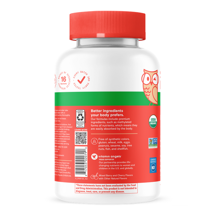A white SmartyPants Kids Organic Multi & Omega Gummies vitamin bottle with a red lid showcases an owl graphic on its red label. The text highlights its organic, non-GMO, and allergen-free ingredients, making it ideal for parents looking for gluten-free kids vitamins. Certifications and supplement information are displayed on the back of the bottle.
