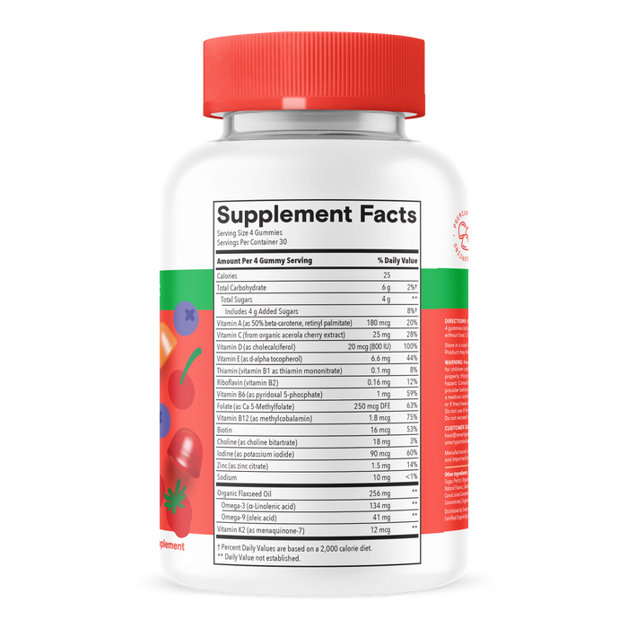 A white bottle with a red cap labeled “Supplement Facts” on the back displays the nutritional information for SmartyPants Kids Organic Multi & Omega Gummies, which are gluten-free and vegetarian, surrounded by illustrations of various fruits and supplement ingredients.