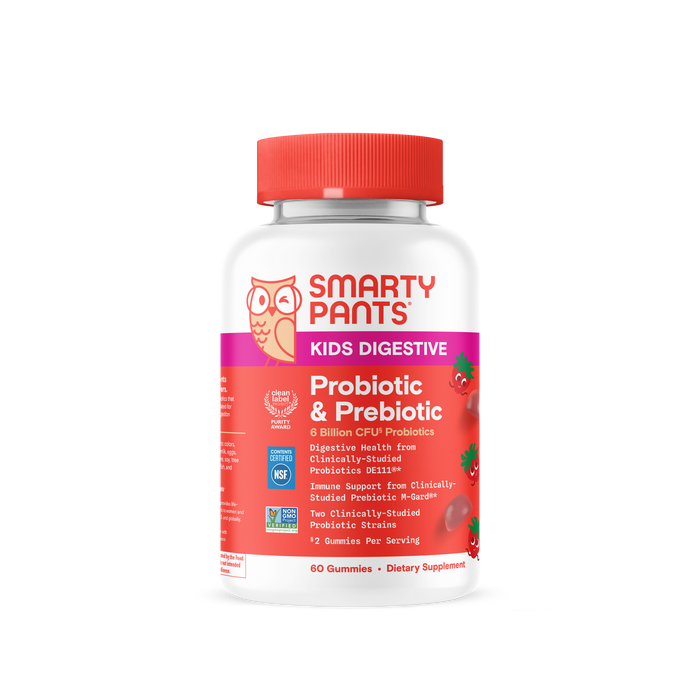 A bottle of SmartyPants Kids Prebiotic and Probiotic Immunity Formula with a red cap and label, featuring an owl and strawberry illustrations. These kids gummies are formulated as a digestive health supplement to support immune health. The bottle contains 60 gummies along with detailed dietary supplement information.