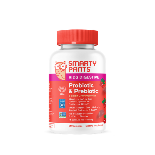 A bottle of SmartyPants Kids Prebiotic and Probiotic Immunity Formula with a red cap and label, featuring an owl and strawberry illustrations. These kids gummies are formulated as a digestive health supplement to support immune health. The bottle contains 60 gummies along with detailed dietary supplement information.