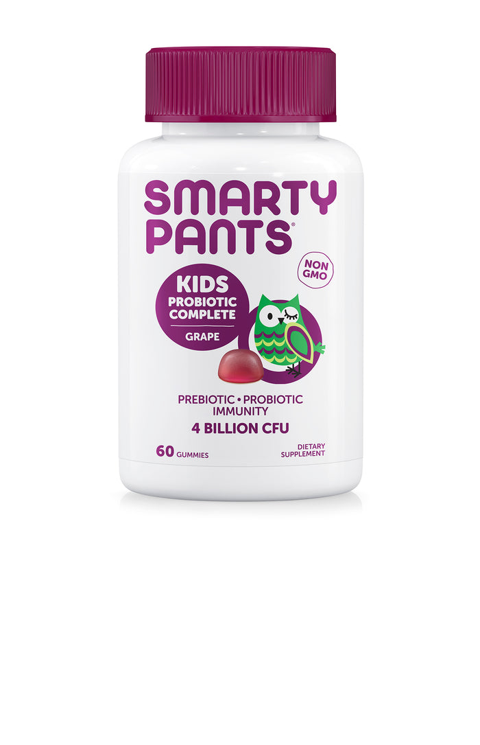 SmartyPants Kids Prebiotic and Probiotic Immunity Formula offers digestive and immune support with grape-flavored gummies. The white bottle has a purple cap and label, showcasing Non-GMO, 4 Billion CFU, and an owl graphic. It contains 60 gummies.