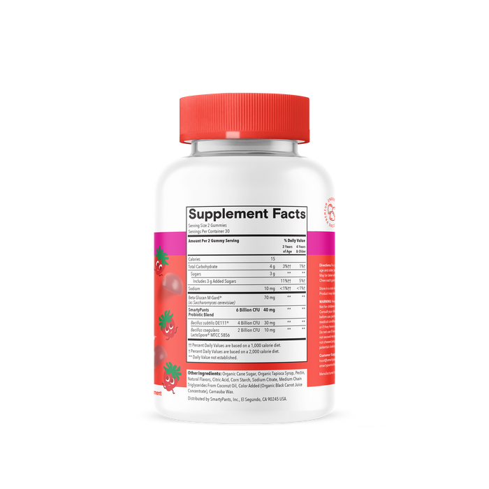 A white bottle with a red cap features the SmartyPants Kids Prebiotic and Probiotic Immunity Gummies label, displaying Supplement Facts and a list of ingredients. Small tomato illustrations decorate the left side of the label, emphasizing its focus on children’s immune support. The bottle is set against a plain white background.