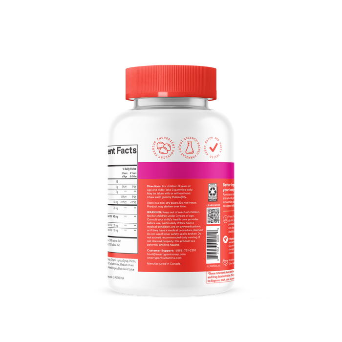 A white SmartyPants supplement bottle with a red cap displays its side label, which includes supplement facts, icons, a QR code, and directions. Labeled as “Kids Prebiotic and Probiotic Immunity Gummies,” it is designed to support children’s digestive health and immunity. The bottle is photographed against a plain white background.