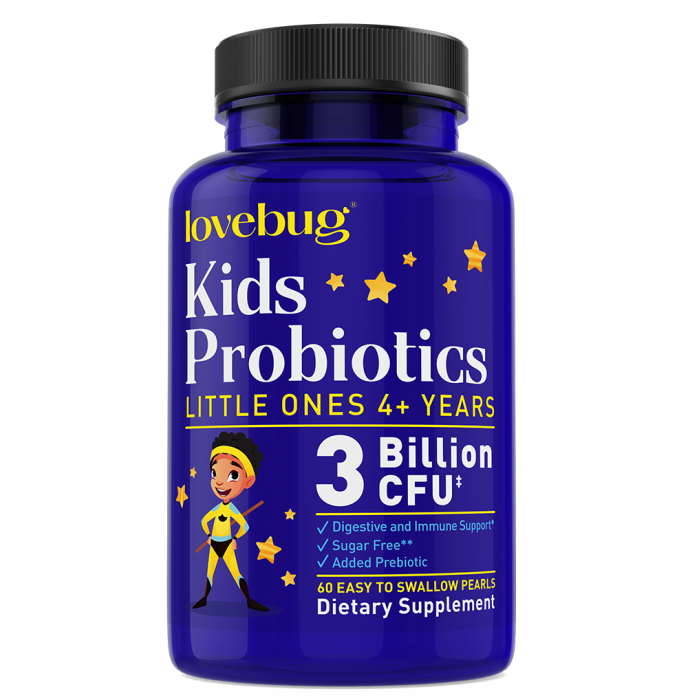 A blue bottle of Lovebug Kids Probiotic - Easy-to Swallow - Little Ones is designed for children 4+, offering 60 sugar-free pearls with 3 billion CFU. The label emphasizes digestive health and immune support, with added prebiotic.