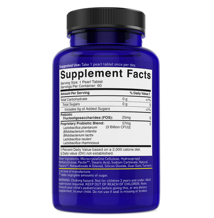 A blue bottle showcases the Lovebug Kids Probiotic, labeled with supplement facts for immunity support. It displays ingredients, serving size, health statements, and warnings, and has a black cap.