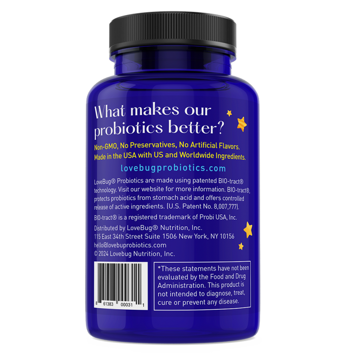 The back of the blue Kids Probiotic - Easy-to-Swallow - Little Ones bottle from Lovebug features yellow and white text highlighting benefits like immune system support, along with product details, company info, a disclaimer about FDA evaluation near the brand name, and the website.