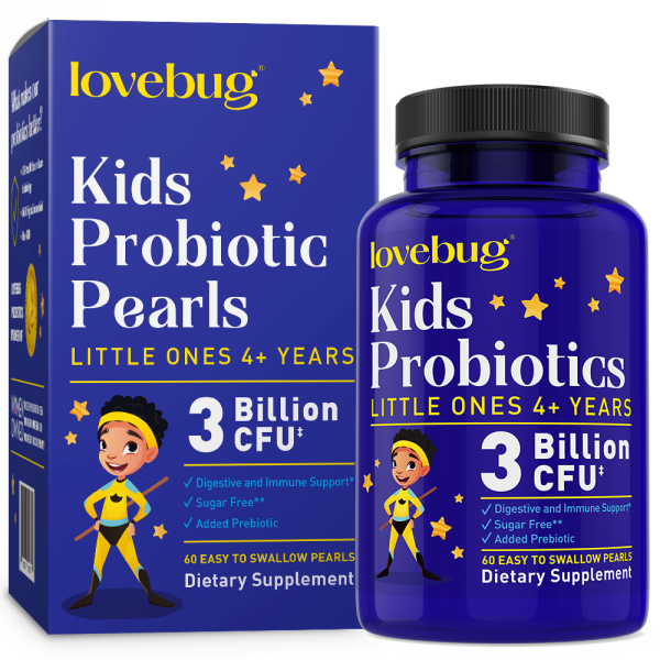 Lovebugs Kids Probiotic - Easy-to-Swallow - Little Ones, for children 4+, comes in a blue box and bottle with a superhero theme. It offers Digestive and Immune Support with 3 Billion CFU, is Sugar-Free, includes Added Prebiotics, and contains 60 pearls.