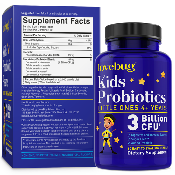 A bottle of Lovebugs Kids Probiotic - Easy-to-Swallow - Little Ones for ages 4+, featuring a cartoon character and offering immune support with 3 Billion CFU and 60 tablets. The packaging clearly displays supplement facts and additional information.