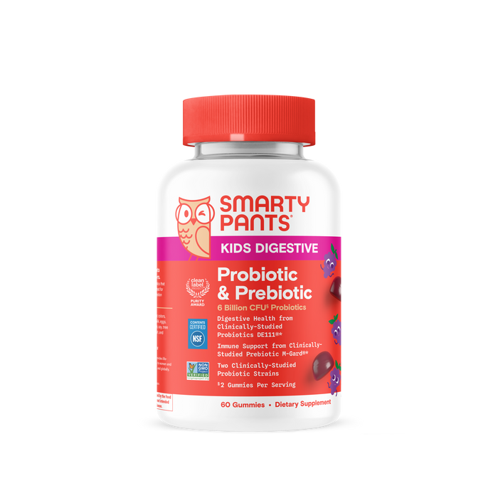 A bottle of SmartyPants Kids Probiotic & Prebiotic Gummy features a red cap, white label, and colorful berry illustrations. The label emphasizes digestive health and immune support benefits, offering a delicious probiotic supplement specially crafted to help support your child’s gut microbiome.