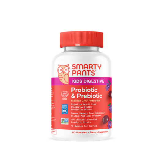 A bottle of SmartyPants Kids Probiotic & Prebiotic Gummy features a red cap, white label, and colorful berry illustrations. The label emphasizes digestive health and immune support benefits, offering a delicious probiotic supplement specially crafted to help support your child’s gut microbiome.