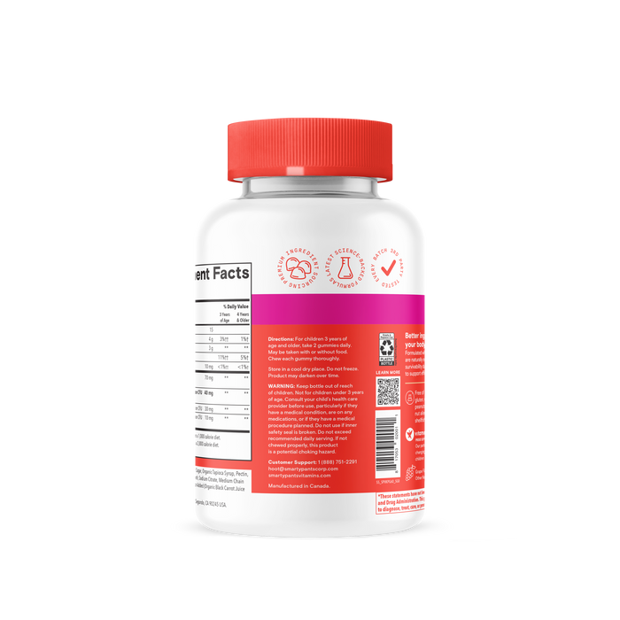 A white bottle with a red cap and label features the SmartyPants Kids Probiotic & Prebiotic Gummy, displaying supplement facts and usage instructions. Red icons above the label highlight key features such as immunity support and safety, underscoring the product’s benefits for digestive health and promoting a balanced gut microbiome. The background is plain white.