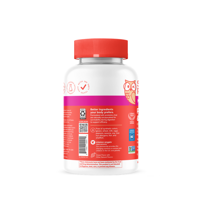 A white bottle with a red cap, featuring a label with nutrition facts, certifications, a QR code, and product information in white and orange text. An illustrated owl is partially visible on the right side, highlighting SmartyPants Kids Probiotic & Prebiotic Gummy’s focus on digestive health as a premium probiotic supplement.