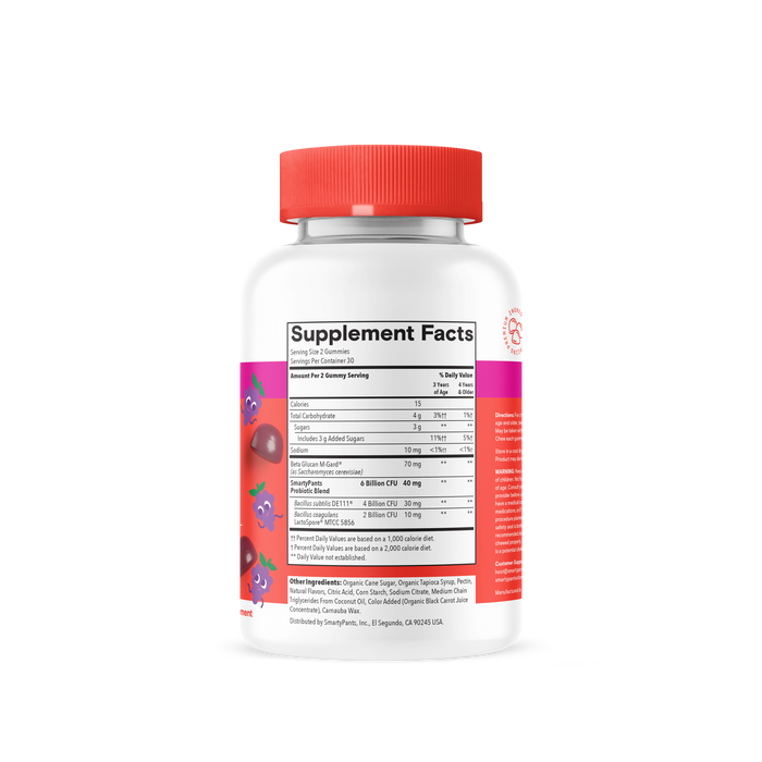 A white bottle of SmartyPants Kids Probiotic & Prebiotic Gummy with a red cap showcases supplement facts and ingredients on its label. The label displays cartoon fruits along the sides and presents nutritional information in black text against a white background, emphasizing its digestive health benefits. The bottle is photographed against a plain white backdrop.